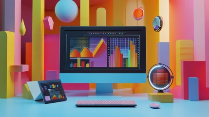 Poster - A colorful, 3D illustration depicting a computer screen with charts and graphs, emphasizing data analysis and marketing statistics. illustration