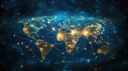 Poster - Global communication network concept with interconnected business nodes and human resources collaboration across worldwide platforms.