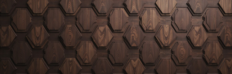 Poster - A Wooden Wall Features Hexagonal Parquet Planks In A Dark Brown Finish With A Textured Wood Grain Pattern. 00001