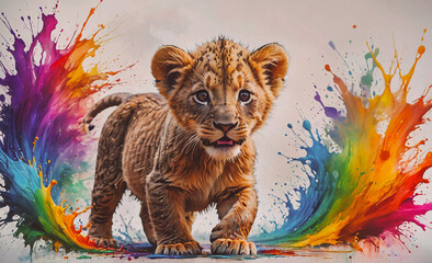 Poster - Baby lion is standing in front of a rainbow. The lion is looking at the camera. The background is a colorful splash of paint