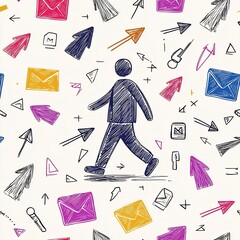 Poster - A vibrant and contemporary graphic design featuring a freehand sketched human figure  postal envelopes