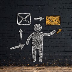 Poster - Freehand sketch of simple person envelope and arrow graphics on a dark industrial grungy background representing the concept of global digital messaging and communication in a minimalist