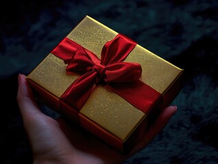 Wall Mural - Person is holding a gold box with a red ribbon on it. The box is wrapped in gold paper and has a red bow on top. The person appears to be holding the box with care and attention