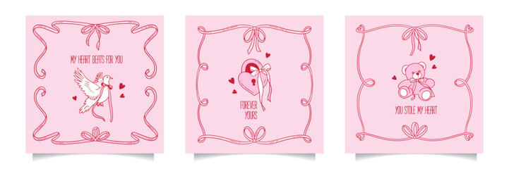 Coquette romantic greeting cards set. Happy Valentines Day covers with Coquettish girly doodle elements with bows and ribbons knot. Invitation abstract design in hand drawn contour style. Vector