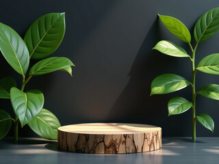 Aufkleber - A Wooden Podium With Lush Green Leaves Stands Against A Black Wall In A Serene Natural Background For Product Display. 00002