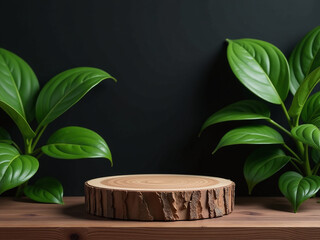 Aufkleber - A Wooden Podium With Lush Green Leaves Stands Against A Black Wall In A Serene Natural Background For Product Display. 00001