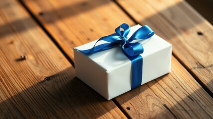 Poster - A Simple White Gift Box with a Bright Blue Ribbon Resting on a Weathered Wooden Surface