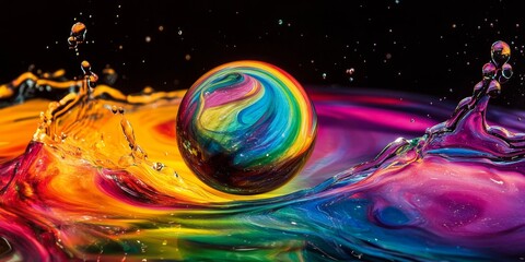 Poster - Rainbow colored disc and sphere featuring high resolution texture against a black background. The rainbow display creates an eye catching effect as it drops into the oil liquid.
