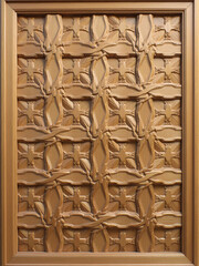 Poster - A Wooden Panel Features A Distinctive Oak Wood Grain Texture With An Intricate, Repeating Pattern Of Interlocking Shapes. 00003