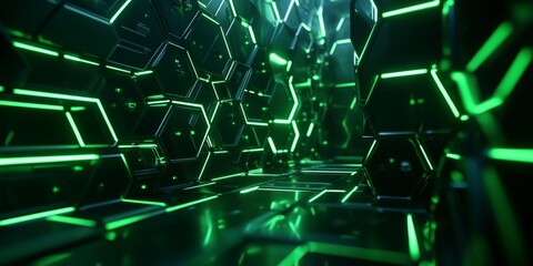 Poster - A modern 3D backdrop featuring a vibrant green neon hexagonal grid, evoking themes of advanced technology and abstract design in a futuristic setting.