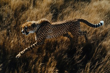 Wall Mural - cheetah is running through tall grass. the cheetah is the main focus of the image, and it is in moti