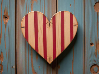 Aufkleber - A Wooden Heart With Striped Pattern Is Placed Against A Vintage Grunge Effect Wood Grain Background Design. 00001