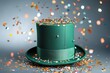 © vefimov - Green hat with a ribbon on it is covered in confetti. The hat is surrounded by a lot of colorful confetti, creating a festive and celebratory atmosphere