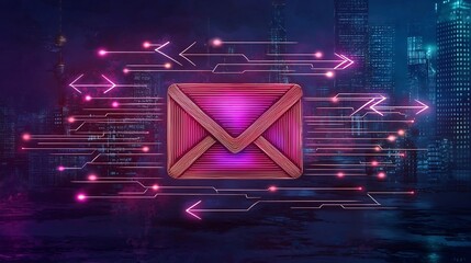 Poster - Sketch like freehand depicting a worldwide digital communication network featuring a prominent envelope icon and dynamic data streams flowing through a vivid futuristic cityscape backdrop