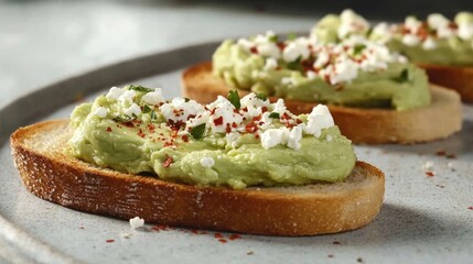 Poster - Three small sandwiches with avocado and cheese on top. The sandwiches are on a plate. The plate is on a table