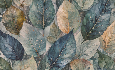 Poster - Painting of leaves with a blue background. The leaves are green and brown. There are many leaves in the painting