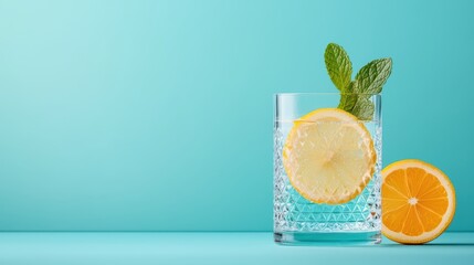 Wall Mural - Refreshing Lemonade with Mint in Stylish Glass against Blue Background