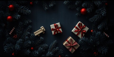 Poster - A festive arrangement of wrapped gifts, red ornaments, and evergreen branches on a dark background.