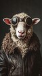 © Denys - Sheep in leather jacket and aviator goggles sporting chic, rebellious style with dramatic dark backdrop