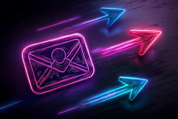 Poster - Symbolic visual metaphor showcasing a hand sketched envelope icon and fluid arrow elements on a dark sleek surface with a subtle glowing neon effect   representing the digital linkage