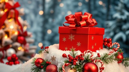 Poster - A Festive Red Gift Box Adorned with a Bow, Nestled Amidst a Snowy Christmas Scene with Evergreen Branches and Candy Canes