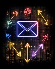 Poster - Stylized digital featuring a vibrant neon lit cyber punk aesthetic with interconnected motifs of a user profile envelope icon