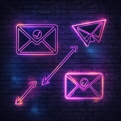 Poster - Freehand neon icons symbolizing worldwide messaging and online connectivity including envelope arrow and other digital communication symbols set against a sleek