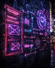 Poster - Stylized digital featuring a vibrant cyberpunk inspired aesthetic with neon lit messaging icons envelope motifs