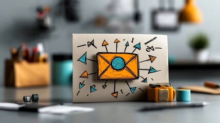 Poster - Whimsical hand drawn depicting a seamless global network of interconnected digital communication featuring a user icon vibrant arrows representing data flow and an envelope symbol for messaging