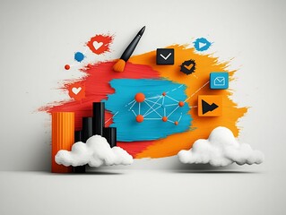 Poster - Freehand doodles of global communication and social network design concept featuring whimsical hand drawn icons and interconnected symbolic elements with colorful brushstroke textures