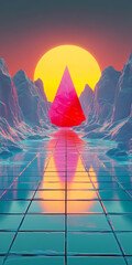 Poster - Abstract pathway with glowing sun and red triangular structure amidst icy landscape