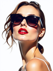 Poster - A Woman With Red Lips And Sunglasses Is Isolated Against A White Background In This Graphic Portrait Image. 00001