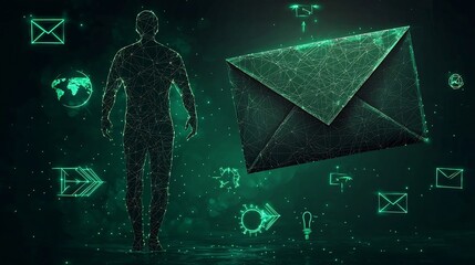 Poster - Symbolic representation of global social networking and digital communication concept  Dynamic human figure silhouette airmail envelope with international postal symbols