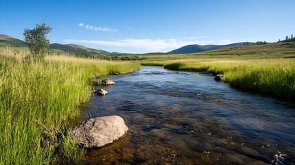 Poster - Picturesque Stream Flowing Through Green Meadow with Rocky Terrain and Blue Sky : Generative AI