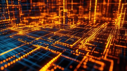 Poster - Abstract Digital Network Data Flow Visualization Futuristic Cyberspace Technology Orange and Blue Glowing Lines Circuit Board Grid Pattern