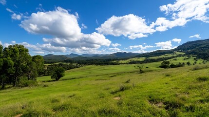 Poster - Scenic Lush Green Countryside Meadow Landscape with Blue Sky and White Clouds : Generative AI