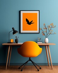 Poster - Cozy and Inviting Home Office Workspace with Warm Cinematic Lighting Expressive Gestural Linework and Doodle Style Sophisticated Mid Century Modern Influences