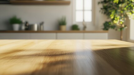 Poster - Sunlight streaming through a window highlights an empty wooden table in a modern kitchen interior, featuring a blurred background, ideal for showcasing products or decor
