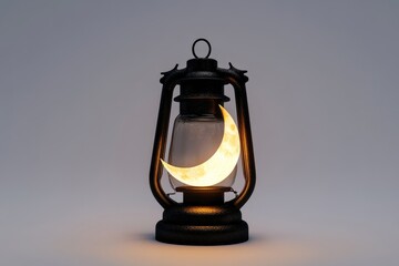 Wall Mural - Lantern with a crescent moon inside. The lantern is lit up and the moon is glowing. The lantern is on a white background