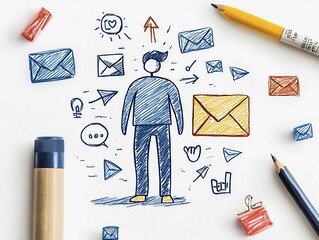 Poster - Freehand sketch of a person mail envelope and directional arrows conveying a worldwide social media and communication concept  The expressive sketchy linework organic and dynamic composition