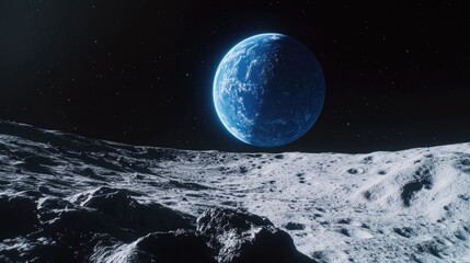 Wall Mural - blue planet is in the sky above a rocky surface. the planet is surrounded by a dark sky, and the roc