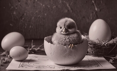 Poster - Baby chick is sitting in an eggshell. There are two eggs on the table, one of which is cracked open
