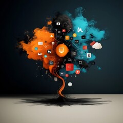 Poster - Organic and flowing digital network connection with diverse symbols icons and emotive expressive digital painting  Conceptual representation of global interconnectivity communication