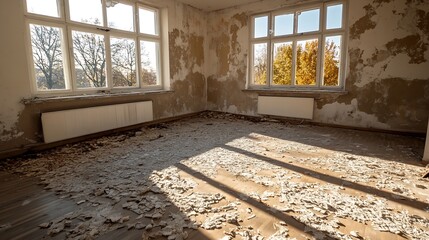 Poster - Abandoned Room with Peeling Paint and Sunlight Streaming Through Large Windows in Old Building : Generative AI