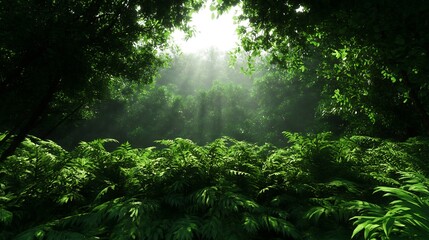 Poster - Sunlight Filtering Through Lush Green Jungle Foliage with Ferns Abundant : Generative AI