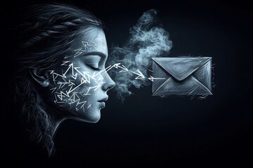 Poster - Detailed freehand sketch of a person a mail envelope and a network of intersecting arrows visually conveying the idea of a worldwide social connection presented against a dark atmospheric backdrop