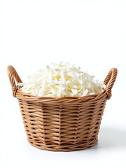 Wall Mural - A Wicker Basket Is Filled With Decorative Shredded White Paper And Sits Isolated Against A White Background With A Shallow Depth Of Field. 00001