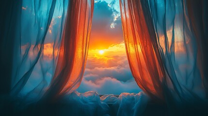 Wall Mural - sunset view through sheer curtains.