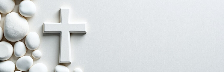 Poster - A White Stone Cross Is Placed Atop A Textured Background Made Of Similar White Stones In An Elegant Minimalist Design. 00001