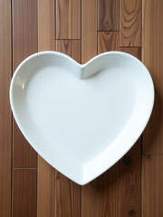 Poster - A White Plate Shaped Like A Heart Is Placed On A Wooden Background Creating A Unique Table Setting. 00003